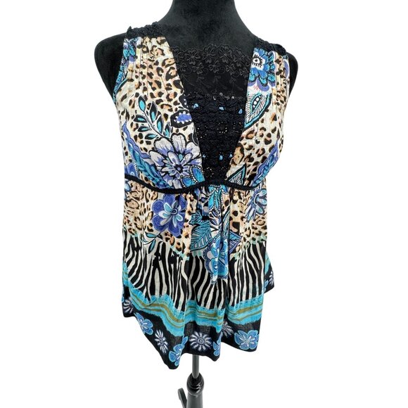 Bila Womens Babydoll Top M Empire Waist Floral Animal Print Sleeveless Boho Chic - Picture 3 of 6